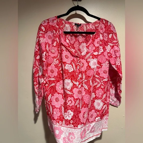 Talbots Floral Pineapple Paradise Button Front Popover Blouse - Picture 5 of 12